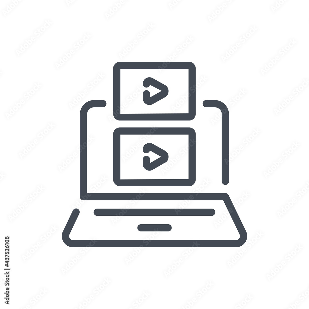 Poster laptop with list of online video line icon. video player on computer vector outline sign.