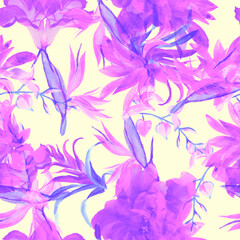 Pink Flower Wallpaper. Vanilla Summer Leaves. Purple Seamless Leaves. Watercolor Foliage. Pattern Texture. Floral Plant. Exotic Jungle. Botanical Plant.