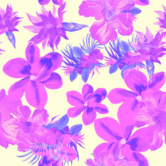 Fototapeta na wymiar Vanilla Watercolor Jungle. Purple Flower Illustration. Pink Seamless Design. Blue Hibiscus Painting. Pattern Garden. Tropical Painting.Fashion Background. Art Print.