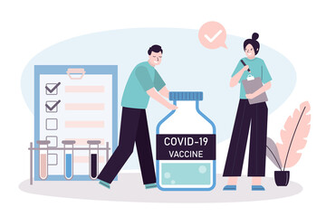 Medical workers testing vaccine against covid-19. Man holds tube with dose of antiviral drug. Idea of immunizing and vaccinating people against coronavirus