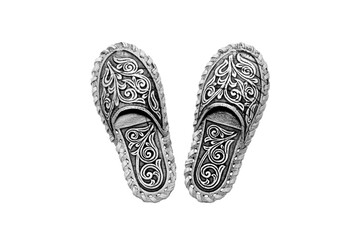 Slippers in black and white made of natural tree bark isolated on white background