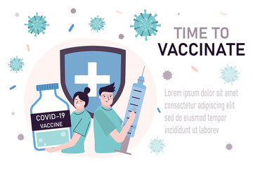 Team of doctors holding tube and syringe with injection from coronavirus. Doctors vaccinating people. Time to vaccinate, landing page template
