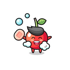 cherry character is bathing while holding soap