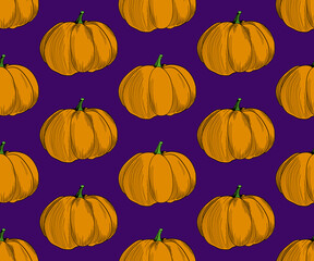 Pumpkin pattern vector on purple background. Pumpkin seamless illustration trendy autumn colors in. EPS 10 Vector.