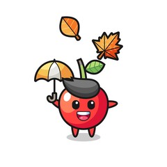 cartoon of the cute cherry holding an umbrella in autumn