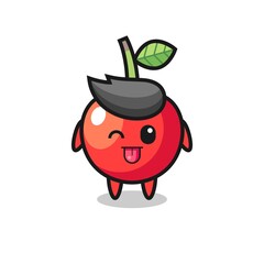 cute cherry character in sweet expression while sticking out her tongue