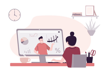 Woman watching business training at workplace. Coach talks about investments and statistics