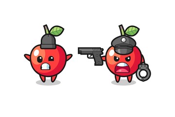 illustration of cherry robber with hands up pose caught by police