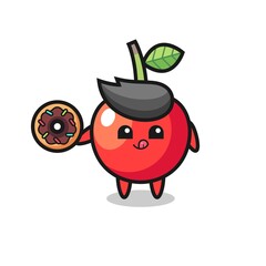 illustration of an cherry character eating a doughnut