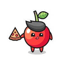 cute cherry cartoon eating pizza