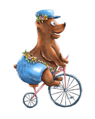 Funny circus bear riding a bicycle in blue shorts and cap with flowers.  Cartoon illustration. Isolated © KataFeya