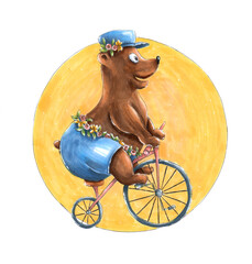 Circus bear riding a bicycle in blue shorts and cap with flowers. Yellow circle © KataFeya