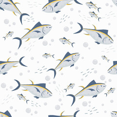 Tuna seamless pattern with bubbles and waves for wrapping paper and packaging seafood