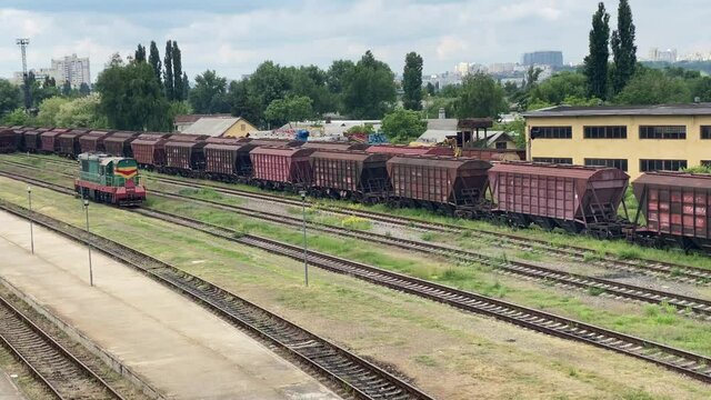 Locomotive moving along the rails, Moldova, Chisinau Railway Station, with sound