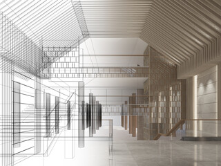 sketch design of interior hall, 3d rendering