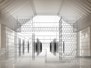 sketch design of interior hall, 3d rendering