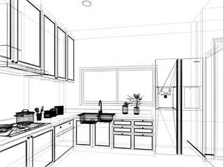 abstract sketch design of kitchen room ,3d rendering