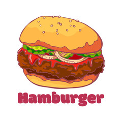 Tasty juicy greasy hamburger. American cuisine. Burger with beef patty, ketchup, pickled cucumbers and onions. Fast food. Hand drawing.