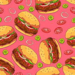 Tasty juicy greasy hamburger. American cuisine. Burger with beef patty, ketchup, pickled cucumbers and onions. Fast food. Hand drawing. Seamless background with pattern.