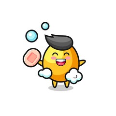 golden egg character is bathing while holding soap