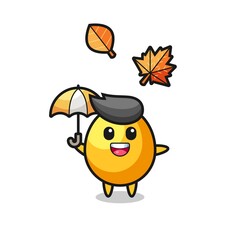 cartoon of the cute golden egg holding an umbrella in autumn