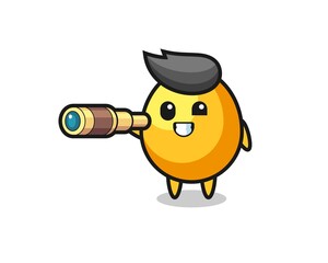 cute golden egg character is holding an old telescope