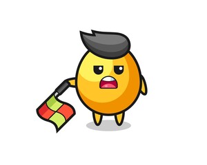 golden egg character as line judge hold the flag down at a 45 degree angle