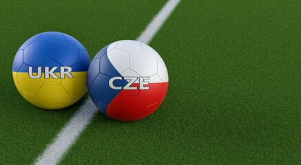 Ukraine vs. Czech Republic Soccer Match - Leather balls in Ukraine and Czech Republic national colors on a soccer field. Copy space on the right side - 3D Rendering 