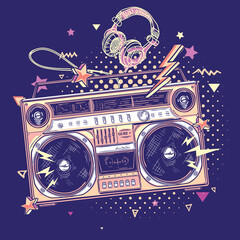 Music design - funky colorful drawn boom box tape recorder