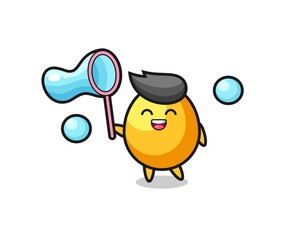 happy golden egg cartoon playing soap bubble