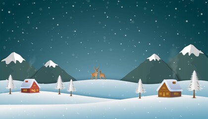 Paper art landscape background with countryside on winter night