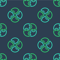 Line Piece of puzzle icon isolated seamless pattern on blue background. Business, marketing, finance, template, layout, infographics, internet concept. Vector