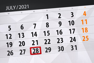 Calendar planner for the month july 2021, deadline day, 28, wednesday