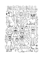 Hational dog day, doodles. Hand drawn card, background. Pet shop.