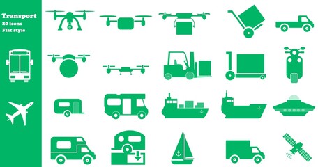 Transport routier, aérien et naval en 20 icônes vertes, collection