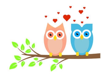 Fototapeta na wymiar Two Cute Owls Boy and Girl in Love on Tree