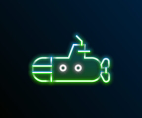 Glowing neon line Submarine icon isolated on black background. Military ship. Colorful outline concept. Vector