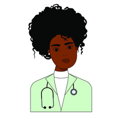 A beautiful Afro-American woman doctor. Profile portrait avatar. International concept. Vector illustration. 