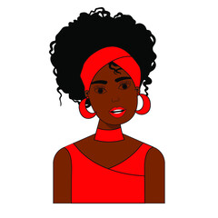 Beautiful Afro woman with Curly hair, dressed in red. Profile portrait avatar. International concept. Vector illustration.