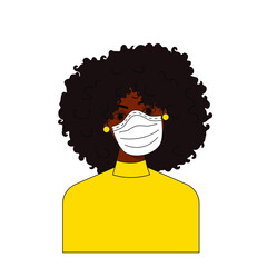 Afro-American woman with curly hair, dressed in yellow in the mask. Avatar. International concept. Vector illustration. 