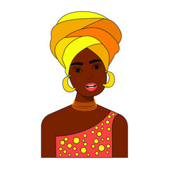 Beautiful Afro woman in an ethnic turban. Profile portrait avatar. International concept. Vector illustration. 