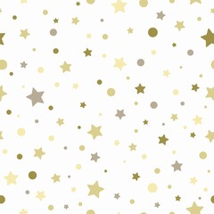 Seamless pattern with golden stars, dots and sparkles on white background.