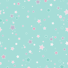Seamless cute pattern with little rounded stars and circles of different colors with outline. Powder blue
