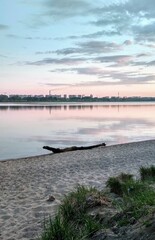 Composition of a lonely log on the shore of a lake in the evening