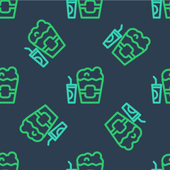 Line Popcorn in cardboard box and paper glass with drinking straw and water icon isolated seamless pattern on blue background. Soda drink glass. Vector