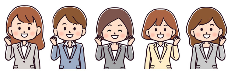 ガッツポーズをしている働く女性たちのイラスト