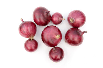 closeup bunch the ripe maroon onion isolated on white background.
