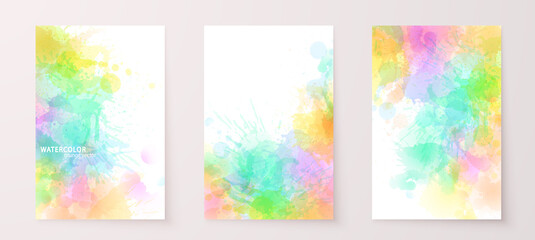 Watercolor effect vector stains. Grunge splatter backgrounds set. Paint stains. Watercolor splatter colorful posters, wall art or greeting cards. Grunge rainbow paint drops overlay.