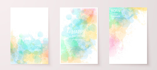 Watercolor effect vector stains. Grunge splatter backgrounds set. Paint stains. Watercolor splatter. Happy Birthday greeting cards. Grunge colorful paint drops overlay.