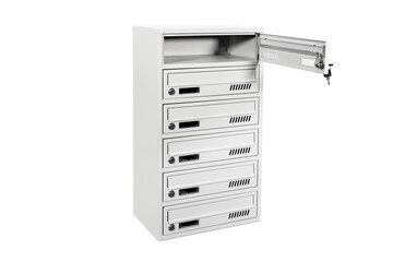 Mail boxes filled of leaflets and letters. Shallow DOF,Mailboxes and Lock in Rows at Entrance